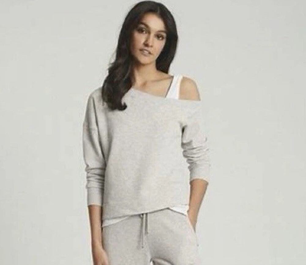 Reiss Poppy Off-Shoulder Drape Sweatshirt Sz Large Grey NWT